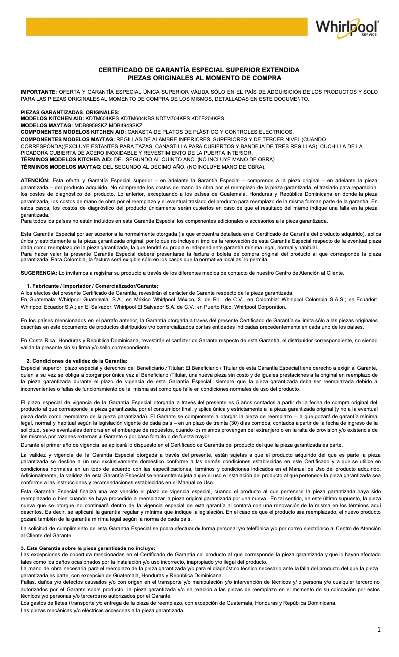 Page n°1 - Informations de garantie Maytag MDB4949SKZ
