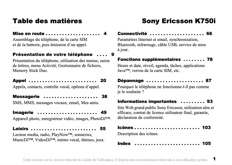 Page 1 de la notice Manuel utilisateur Sony Ericsson K750i
