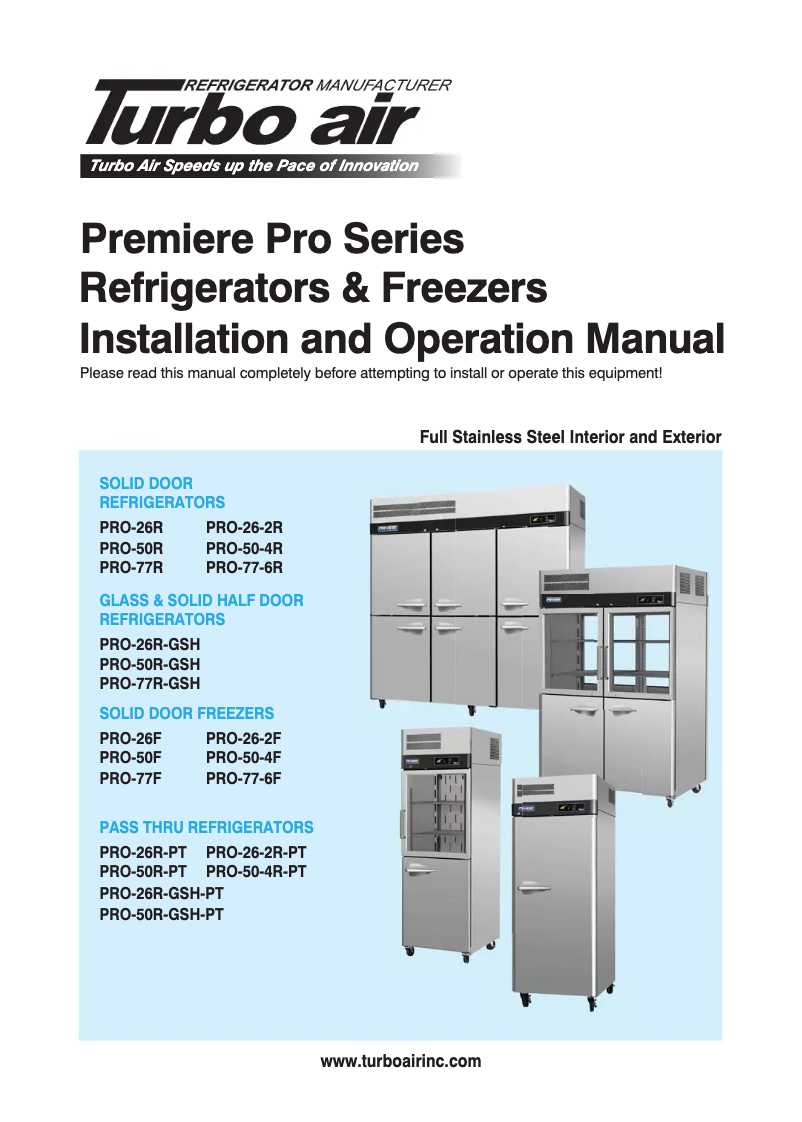 Page 1 de la notice Manuel utilisateur Turbo air PRO-77R-GSH-N