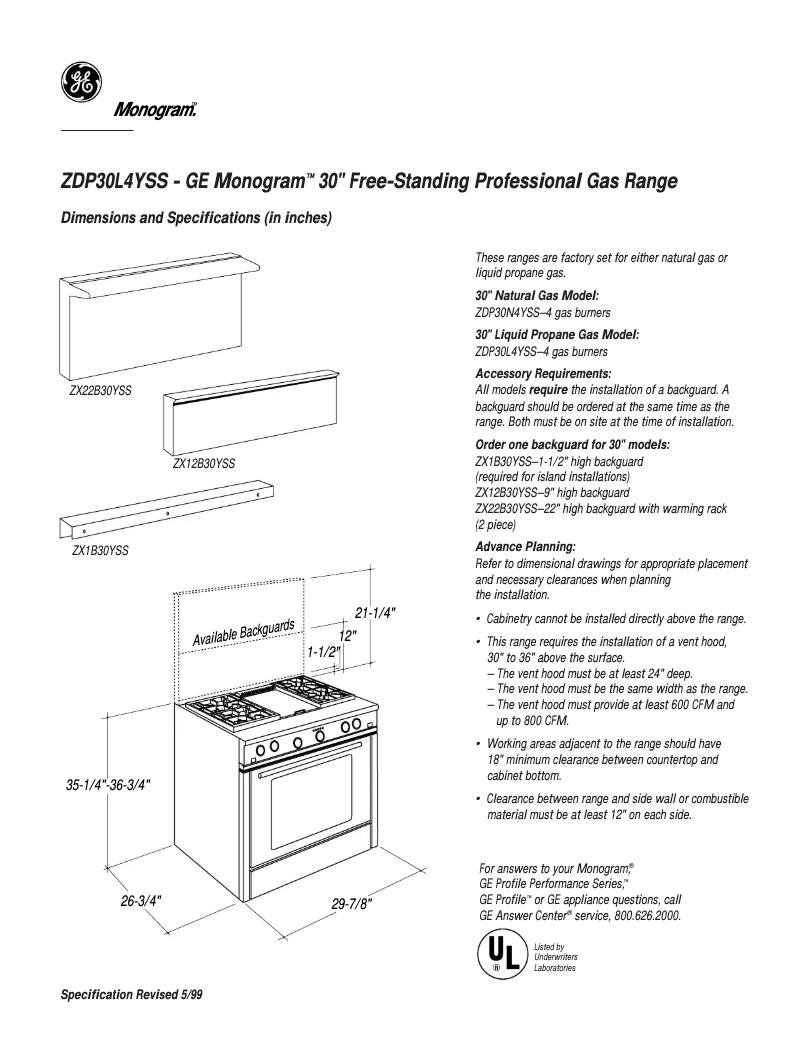 Page n°1 - Fiche technique GE ZDP30L4YSS