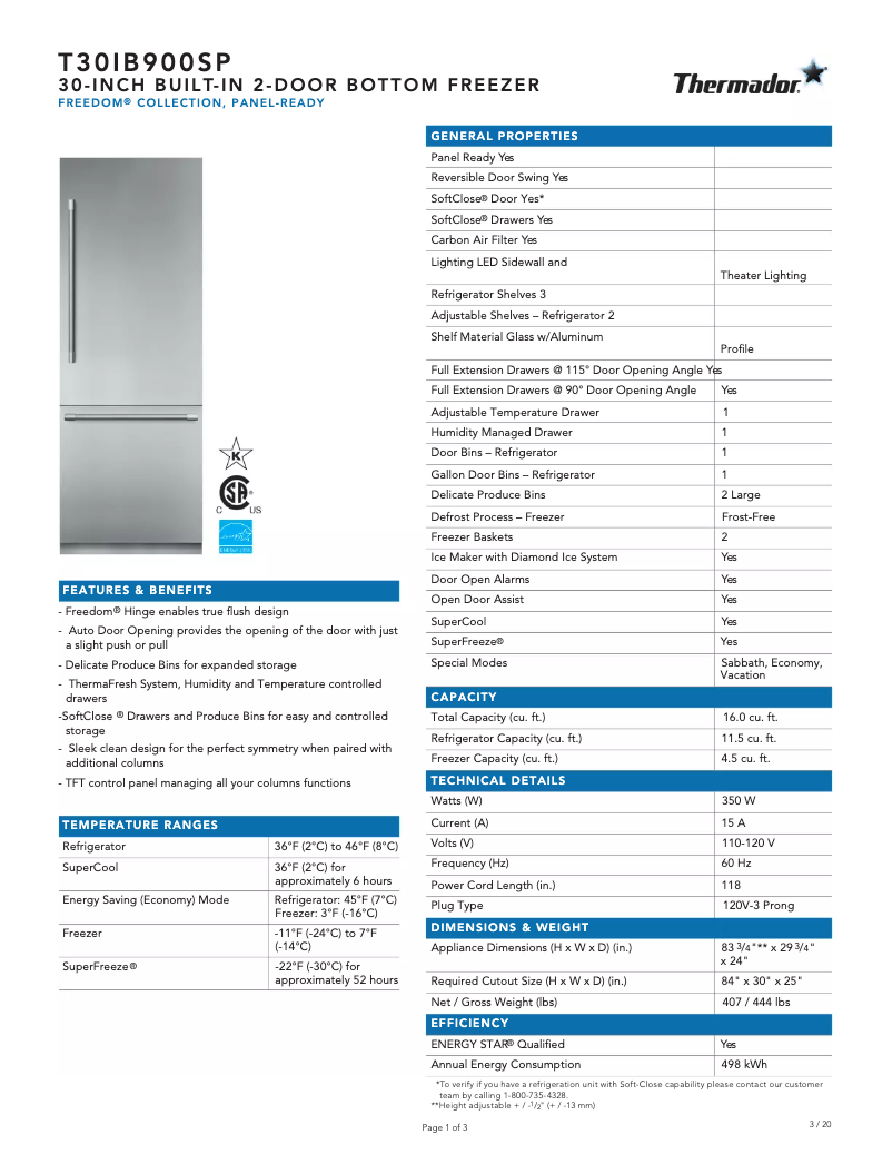 Page 1 of the manual Technical Sheet Thermador T30IB900SP