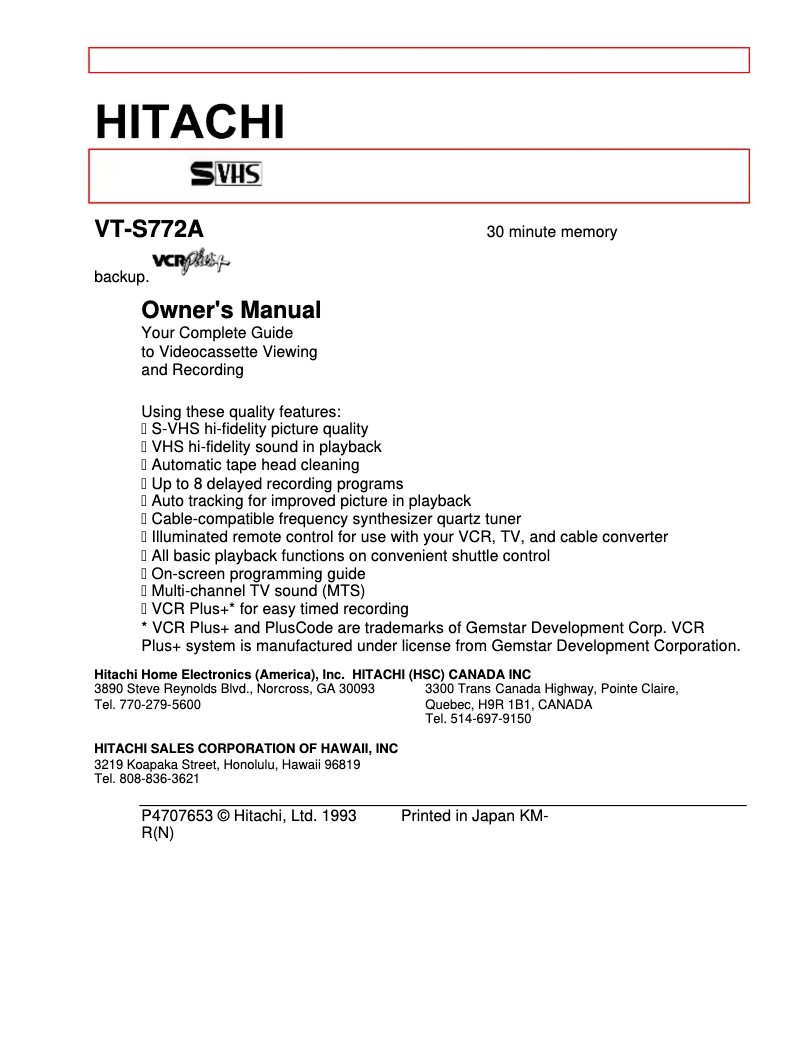 Page 1 de la notice Manuel utilisateur Hitachi VT-S772A