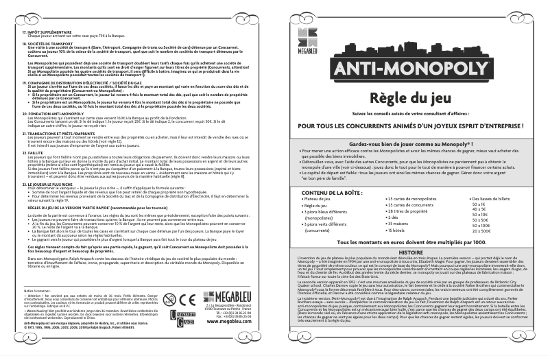 Page 1 de la notice Manuel utilisateur MEGABLEU Anti-Monopoly