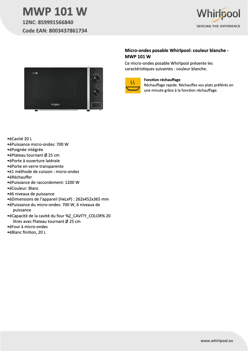 Página 1 del manual Ficha técnica Whirlpool MWP 101 W