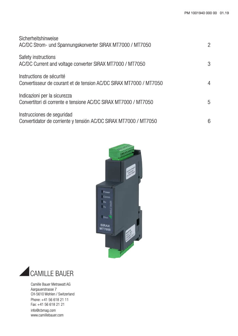 Page 1 de la notice Instructions de sécurité Camille Bauer SIRAX MT7050