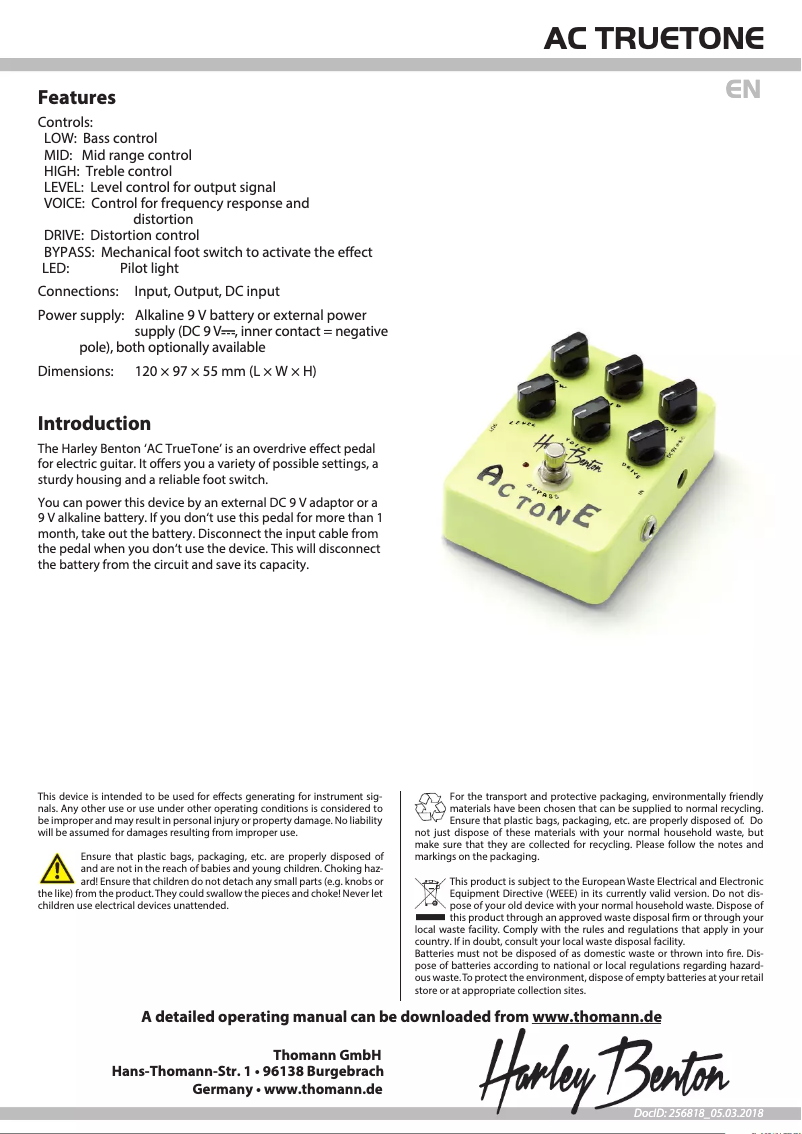 Page 1 de la notice Fiche technique Harley Benton AC TrueTone