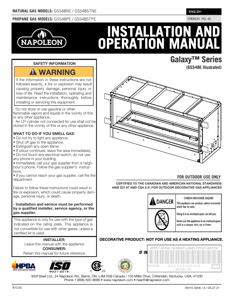 Page 1 de la notice Manuel utilisateur Napoleon Galaxy GSS48E