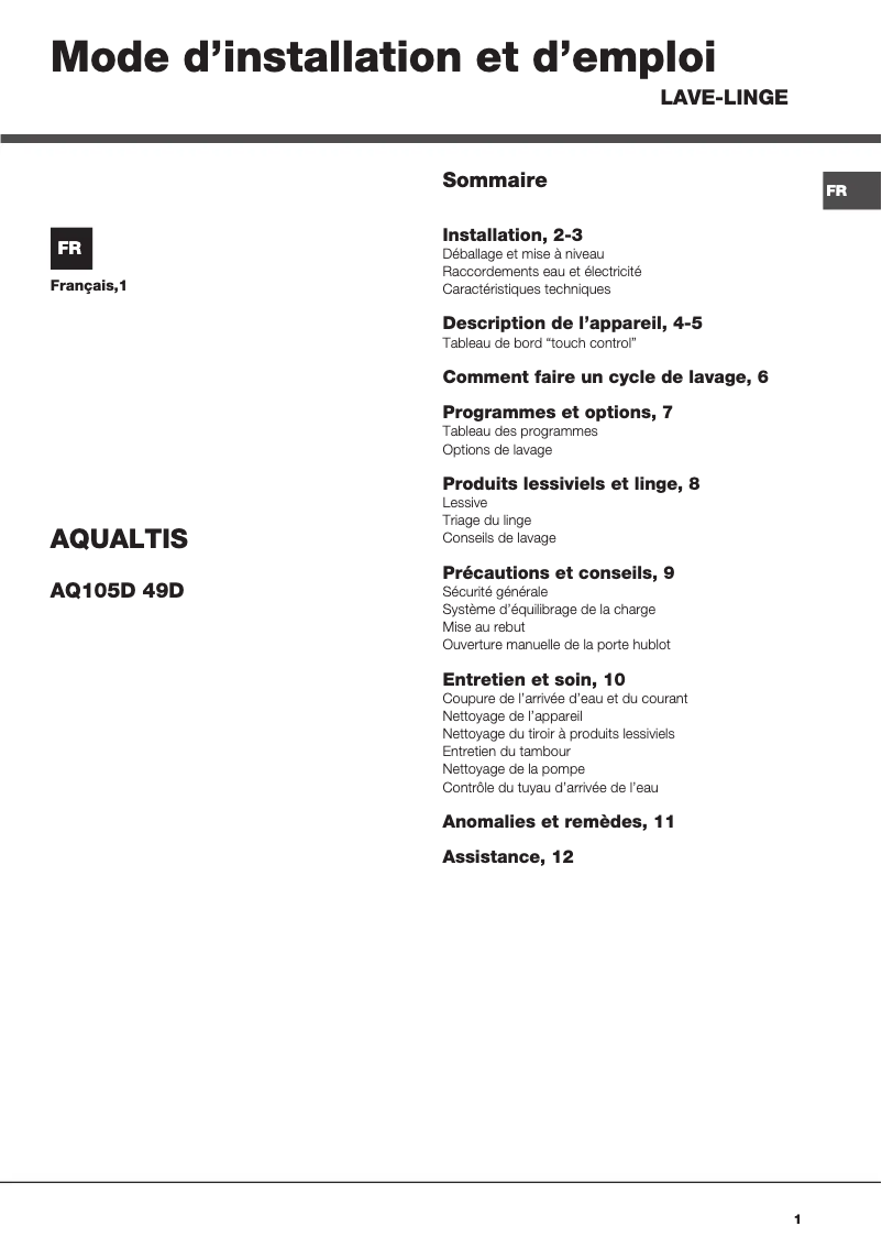 Image de la première page du manuel de l'appareil AQ105D 49D FR