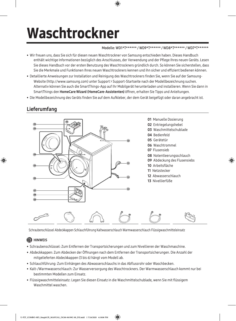 Page 1 de la notice Manuel utilisateur Samsung WD80T654ABH