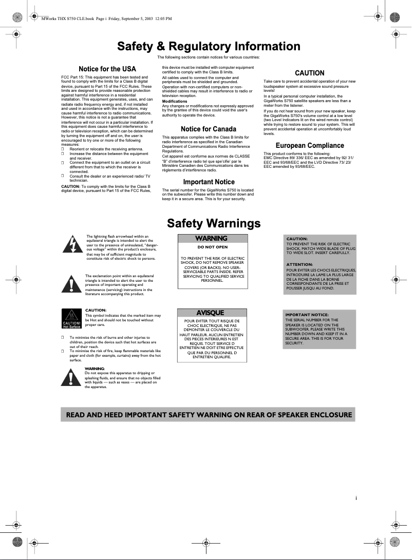 Page 1 de la notice Manuel utilisateur Creative GigaWorks S750