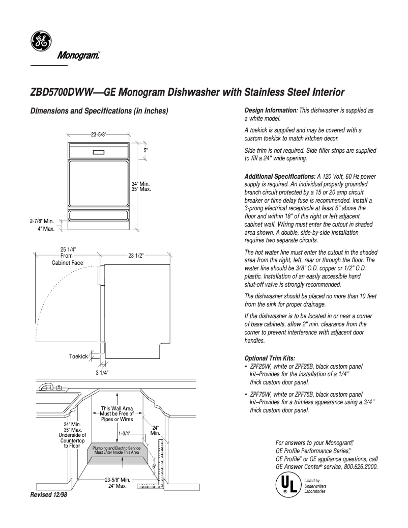 Page n°1 - Fiche technique GE ZBD5700DWW