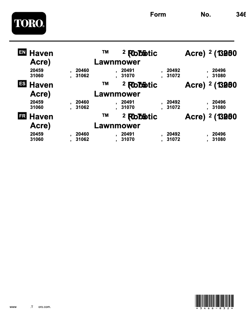 Page 1 de la notice Manuel utilisateur Toro Haven 31080