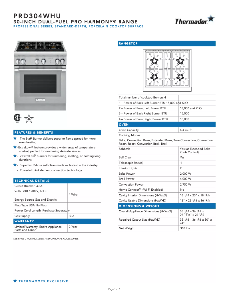 Page 1 de la notice Fiche technique Thermador PRD304WHU