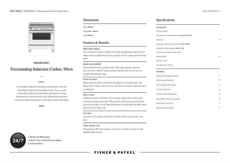 Page 1 de la notice Fiche technique Fisher & Paykel OR90SCI6W1