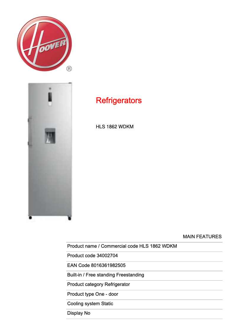 Page 1 de la notice Fiche technique Hoover HLS 1862 WDKM