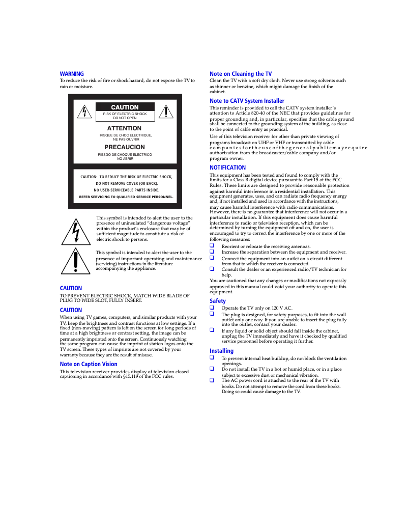 Page 1 de la notice Manuel utilisateur Sony KD-34XBR2
