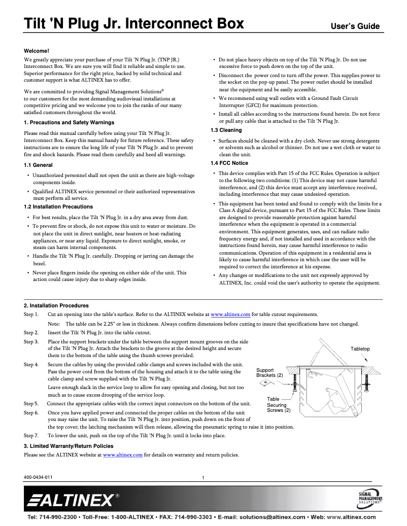 Page n°1 - Manuel utilisateur Altinex Tilt 'N Plug Jr TNP151C