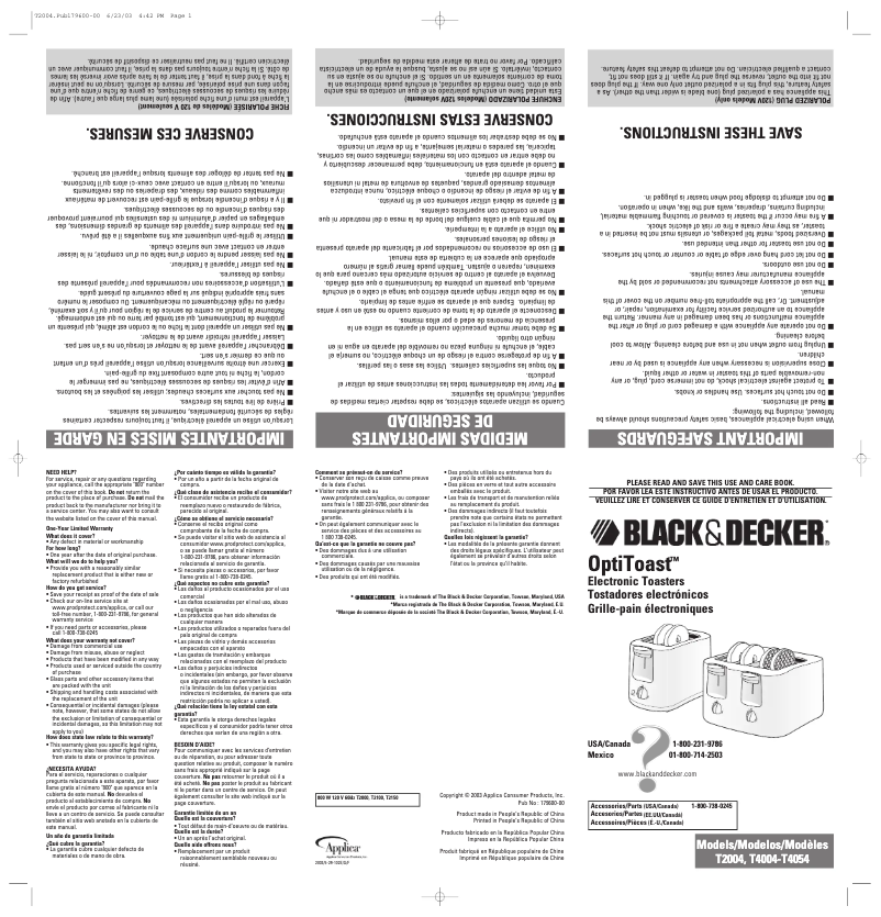 Image de la première page du manuel de l'appareil OptiToast T4054