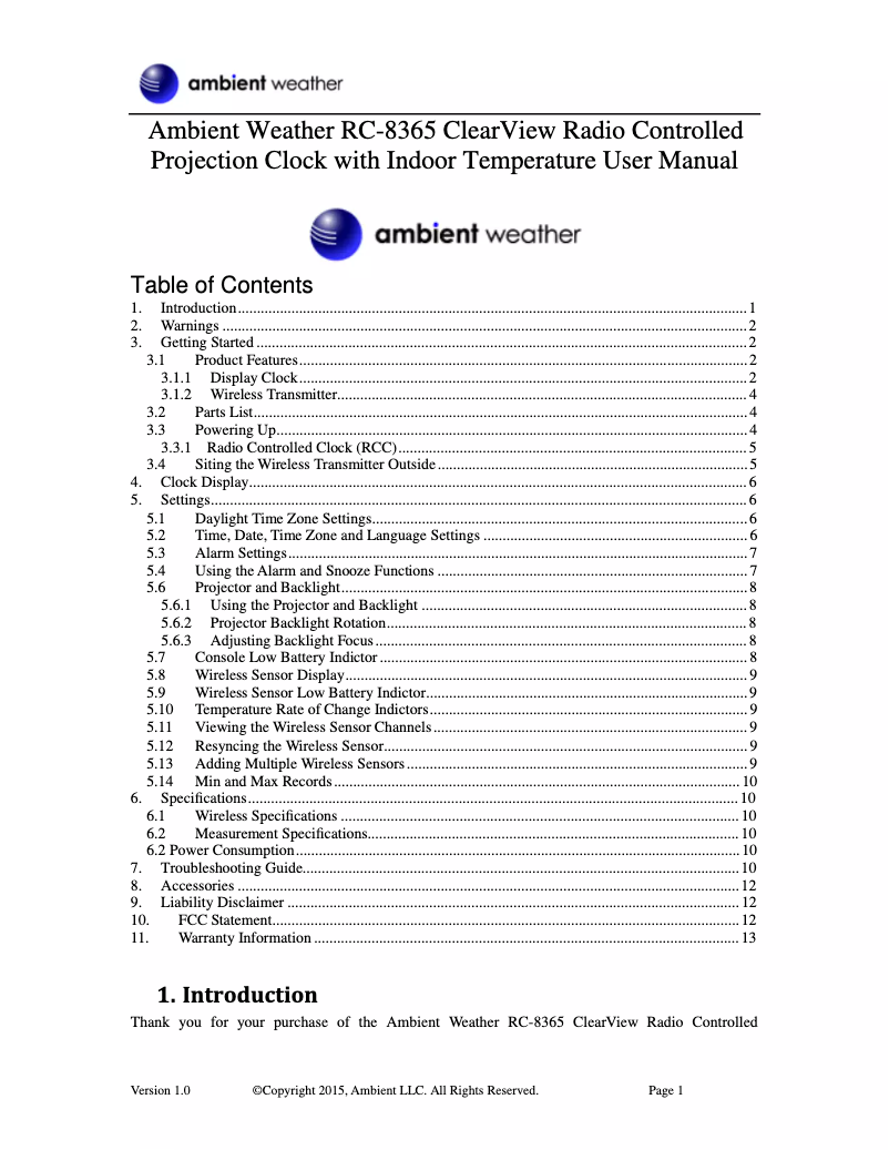 Page 1 de la notice Manuel utilisateur Ambient Weather RC-8365