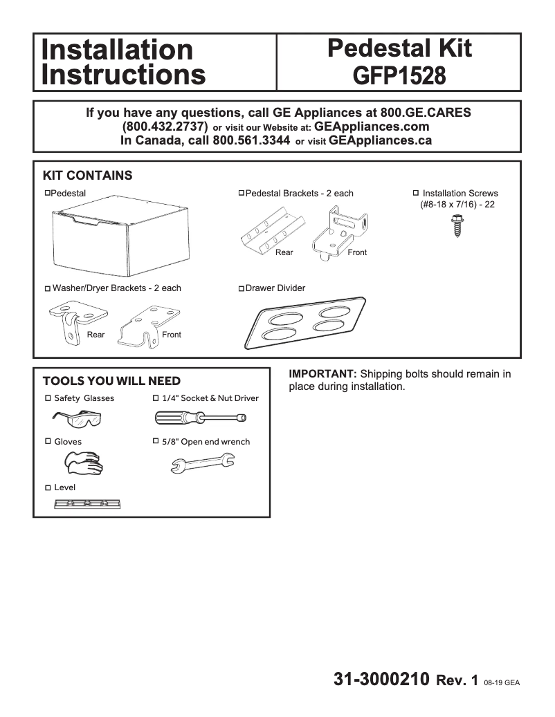Page 1 de la notice Guide d'installation GE GFP1528PNSN