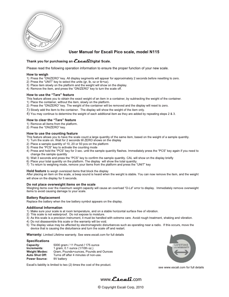 Page n°1 - Manuel utilisateur Escali Pico N115