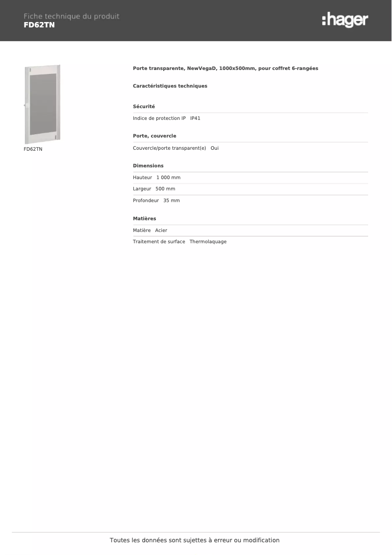Page n°1 - Fiche technique Hager FD62TN