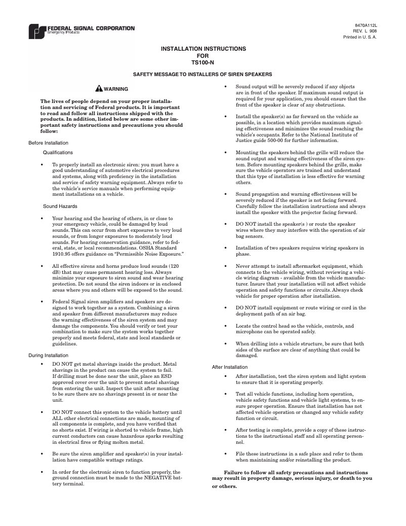 Page n°1 - Manuel utilisateur Federal Signal TS100-N