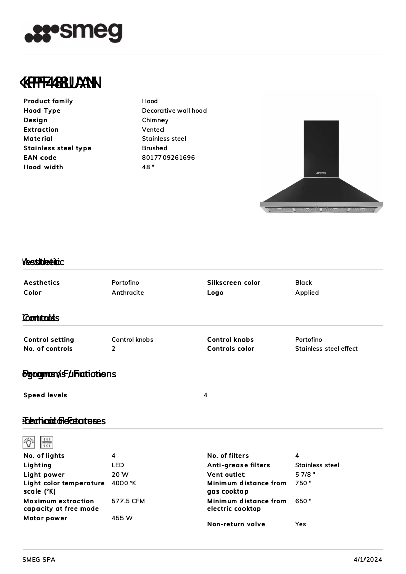 Page n°1 - Fiche technique Smeg KPF48UAN