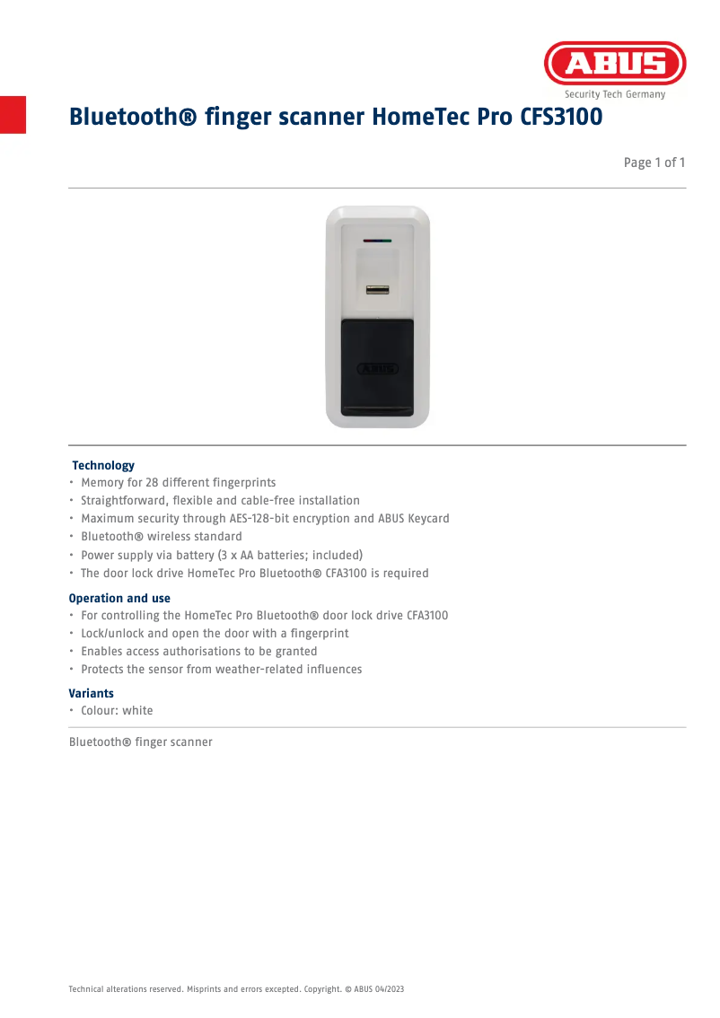 Page n°1 - Fiche technique Abus CFS3100