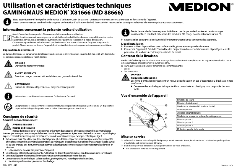 Page 1 de la notice Manuel utilisateur Medion X81666 (MD 88666)
