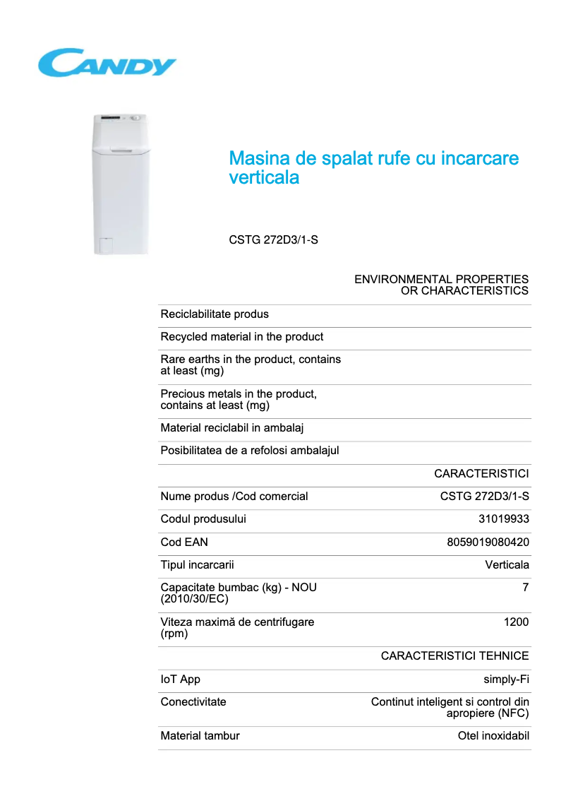 Page 1 de la notice Fiche technique Candy CSTG 272D3/1-S