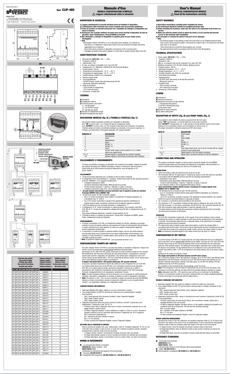 Page n°1 - Manuel utilisateur Vemer CLIP-485