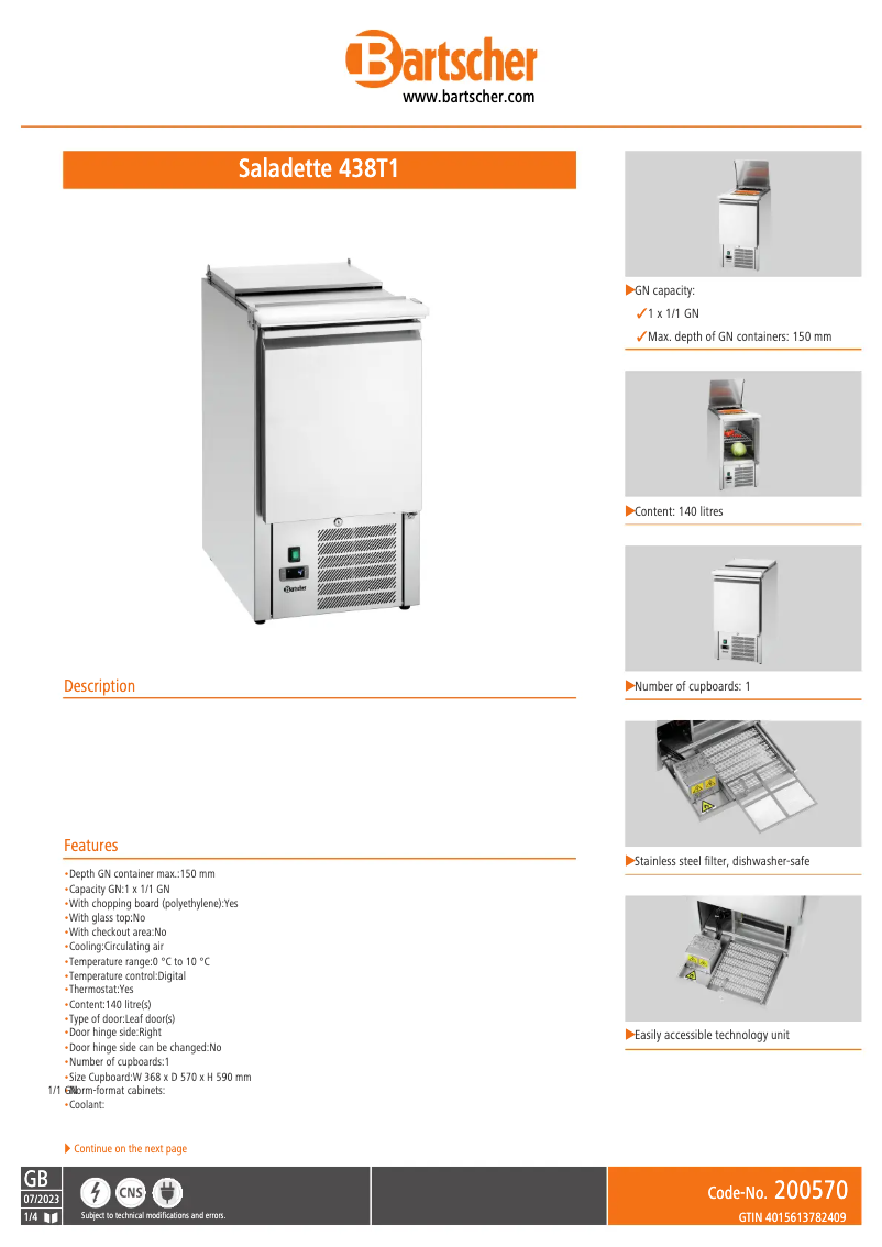 Page 1 de la notice Fiche technique Bartscher 438T1