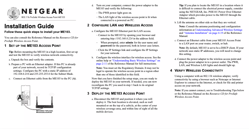 Page n°1 - Guide d'installation Netgear ProSafe ME103