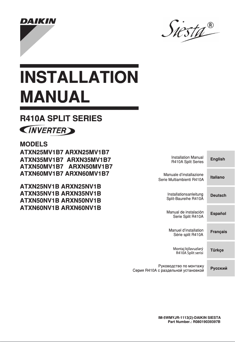 Page 1 de la notice Guide d'installation Daikin ATXN35NV1B