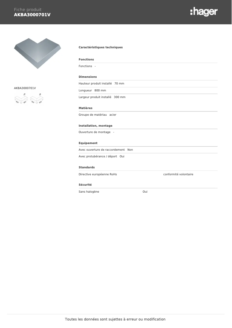 Page n°1 - Manuel utilisateur Hager AKBA3000701V