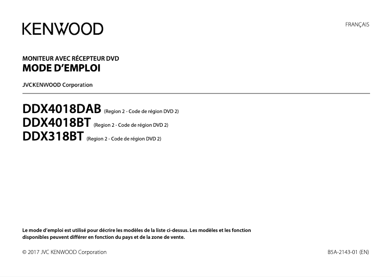 Page 1 de la notice Manuel utilisateur Kenwood DDX4018BT