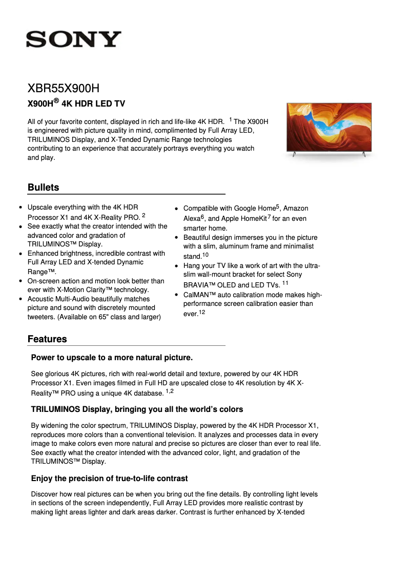 Page 1 de la notice Fiche technique Sony Bravia XBR-55X900H