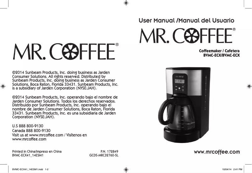 Page 1 de la notice Manuel utilisateur Mr. Coffee BVMC-ECX41