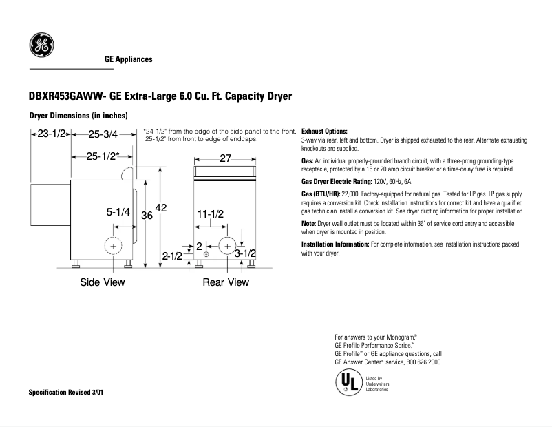Page n°1 - Fiche technique GE DBXR453GAWW