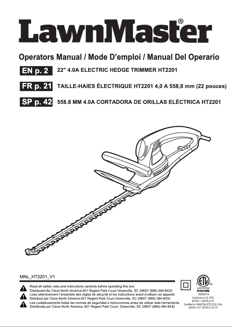 Page 1 de la notice Manuel utilisateur LawnMaster HT2201