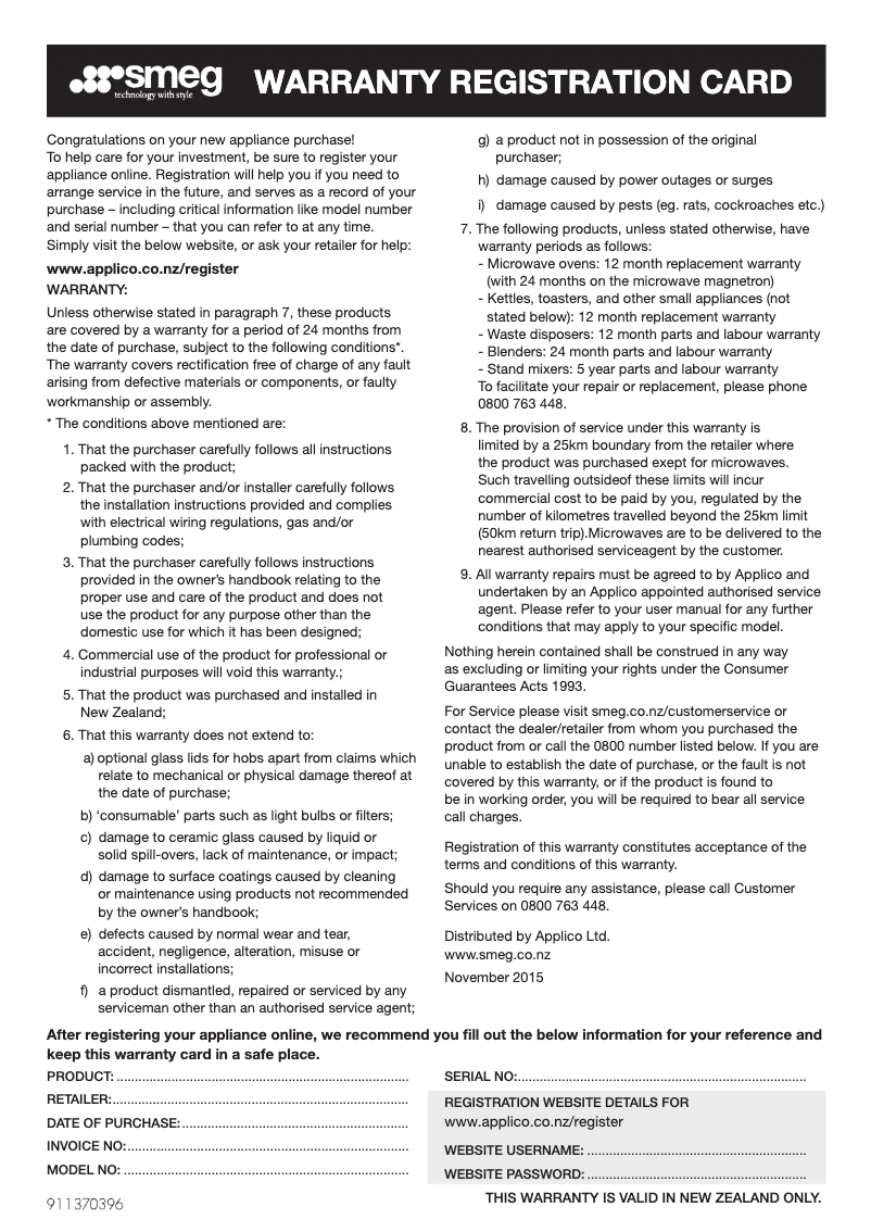 Page n°1 - Informations de garantie Smeg PSA906-5