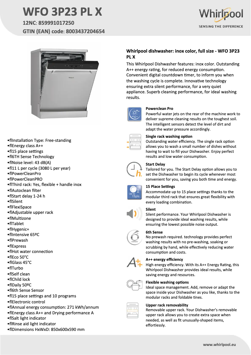 Page 1 de la notice Fiche technique Whirlpool WFO 3P23 PL X