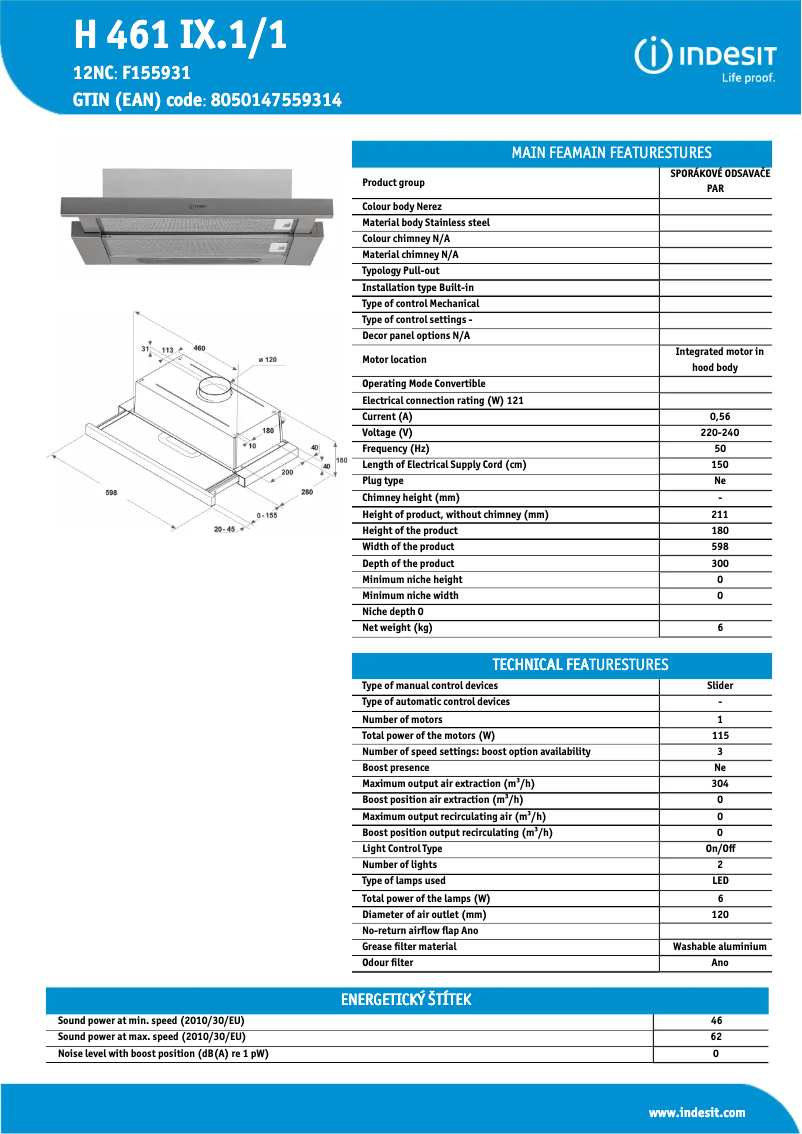 Page 1 de la notice Fiche technique Indesit H 461 IX.1/1