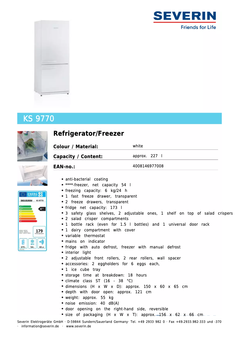 Página 1 del manual Ficha técnica Severin KS 9770