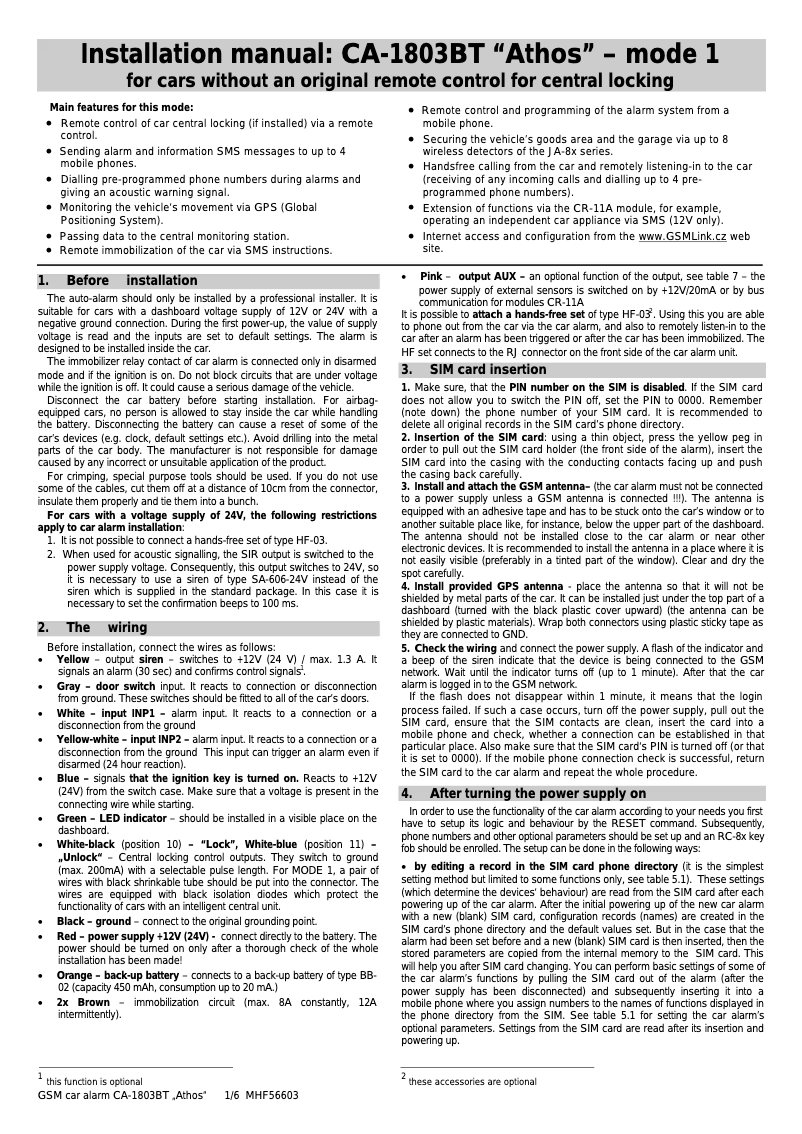 Image de la première page du manuel de l'appareil CA-1803BT