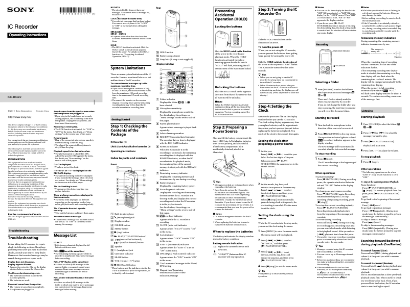 Image de la première page du manuel de l'appareil ICD-BX022