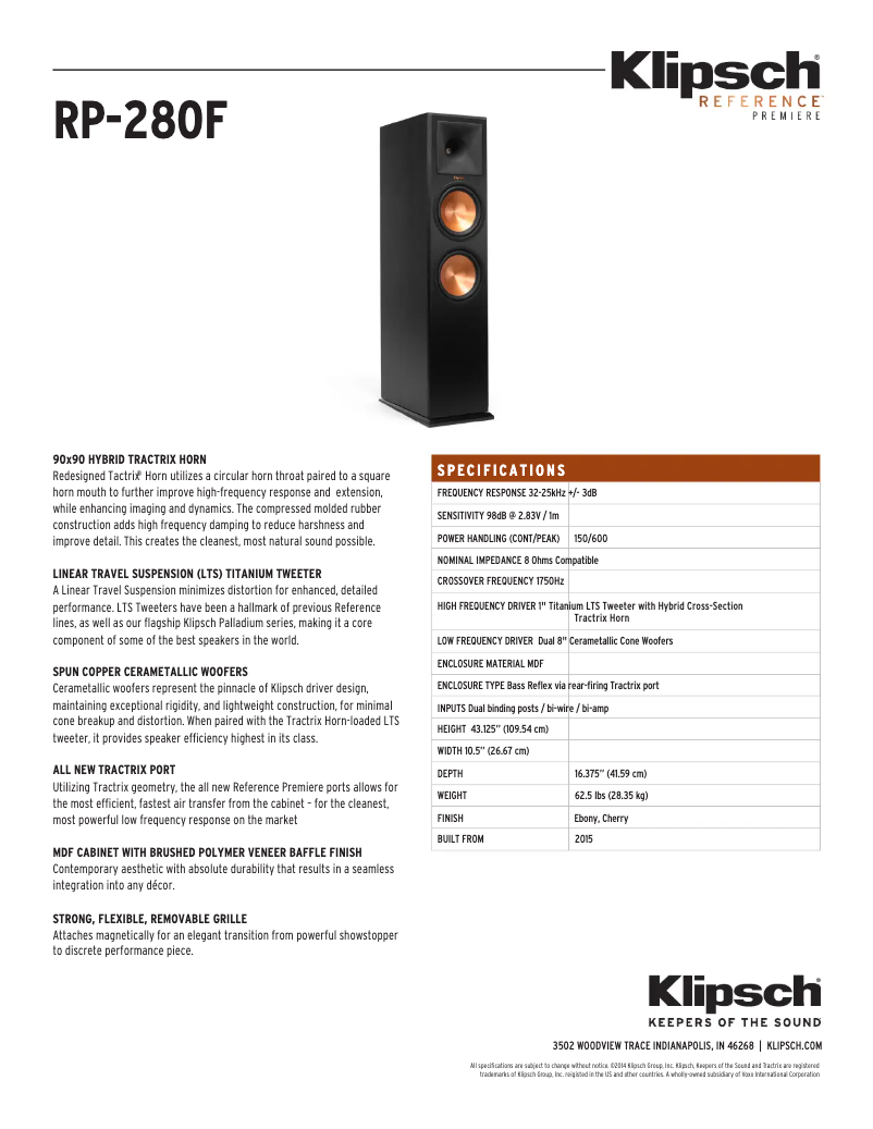Page 1 de la notice unknown Klipsch Reference Premiere RP-280F