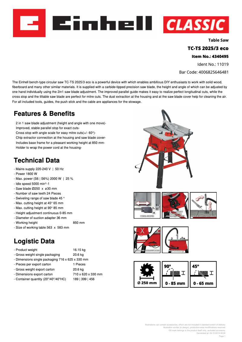 Page 1 de la notice Fiche technique Einhell TC-TS 2025/3 eco