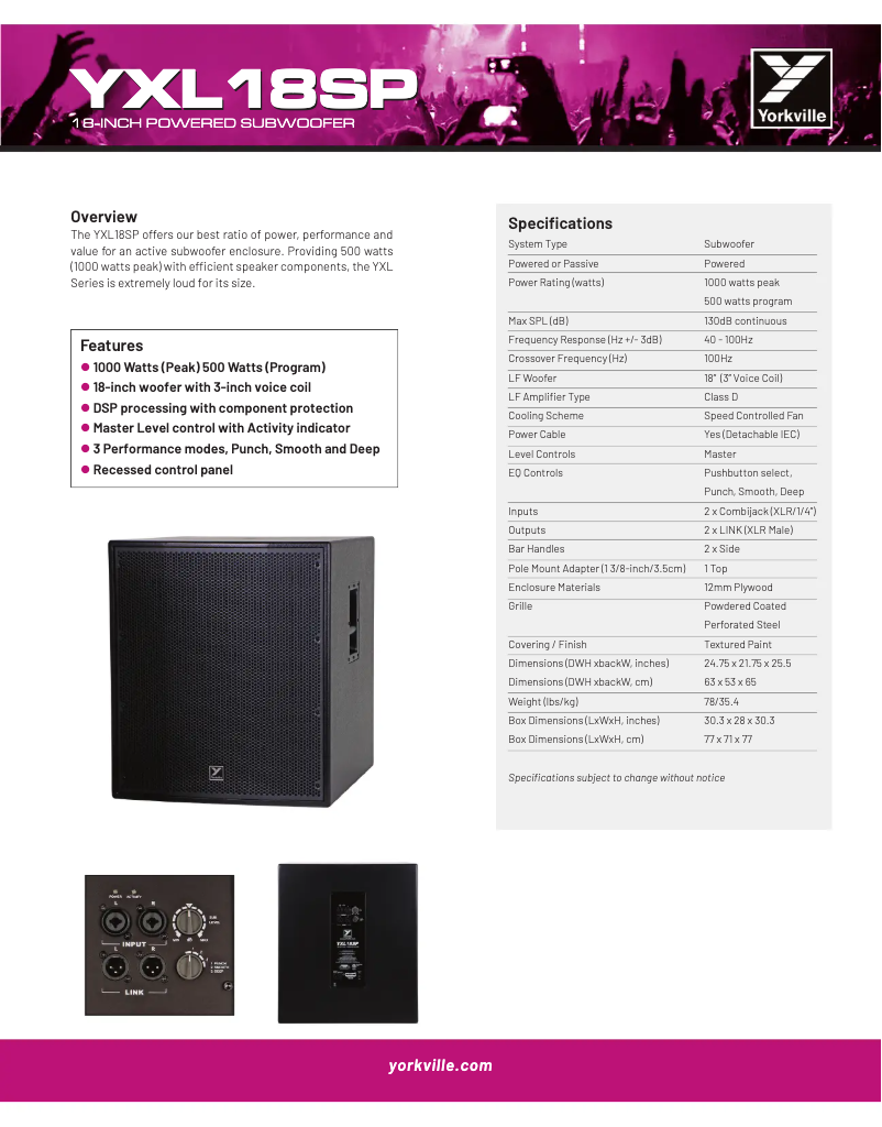 Página 1 del manual Ficha técnica Yorkville YXL18SP